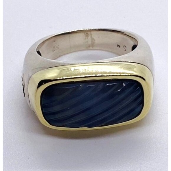 DAVID YURMAN 585 18k Gold 925 Sterling Silver Chervon Chalcedony Ring READ